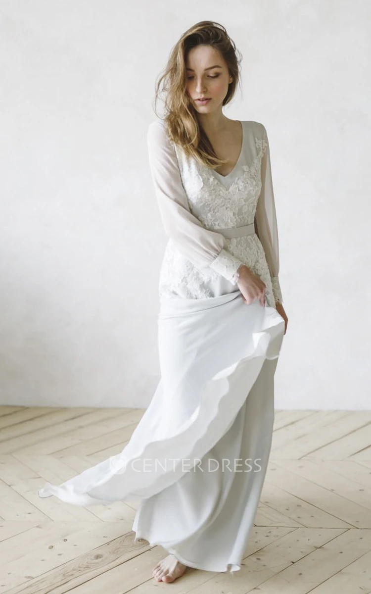 Lace Appliqued Split Chiffon Wedding Gown With Long Poet Sleeve And V-neck