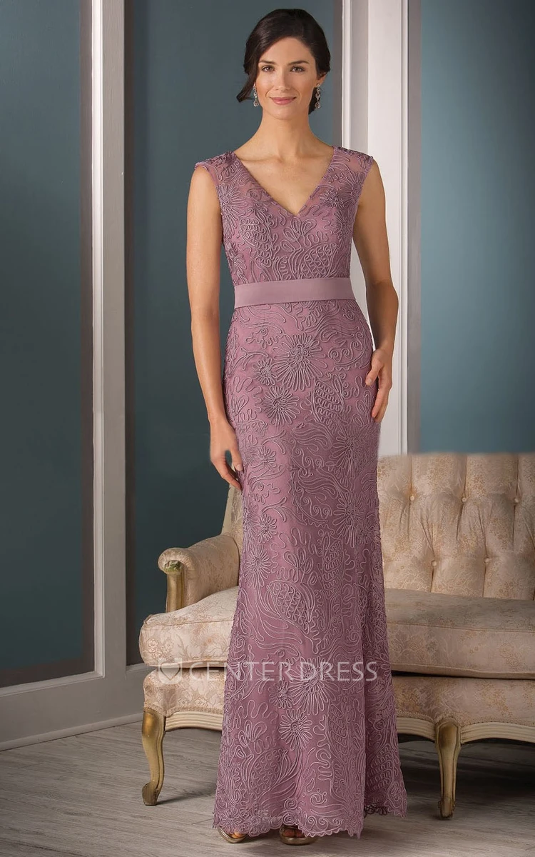 V-Neck Cap-Sleeved Mother Of The Bride Dress With Appliques And Pleats
