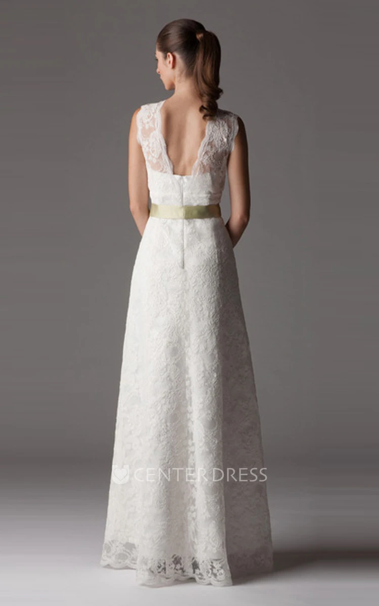Sheath V-Neck Long-Sleeveless Lace Wedding Dress With Bow And V Back