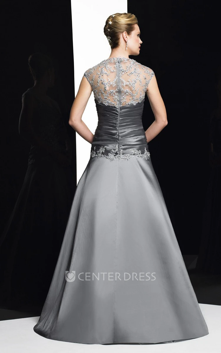 A-Line Maxi Appliqued Sleeveless Queen Anne Satin Formal Dress