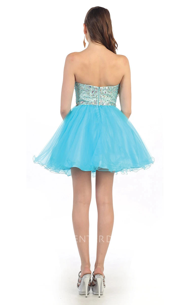 A-Line Short Sweetheart Sleeveless Tulle Backless Dress With Beading