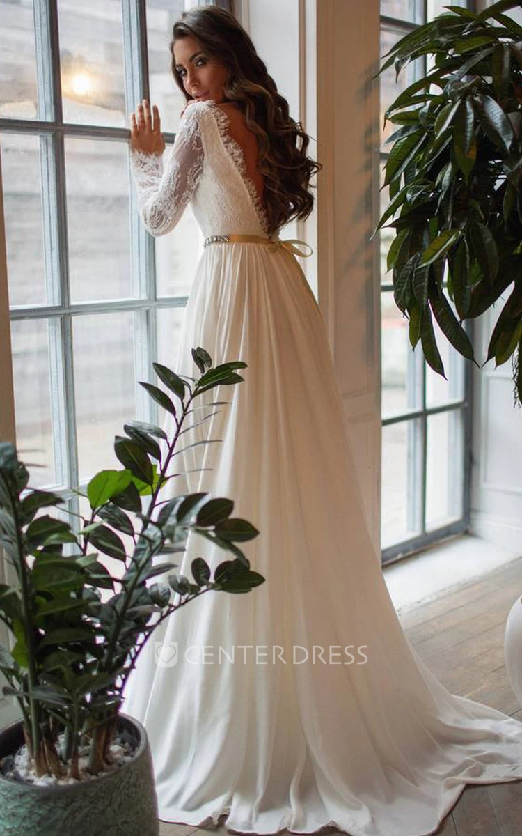 A Line Long Sleeve Taffeta Lace Modest Illusion Deep-V Back Wedding Dress