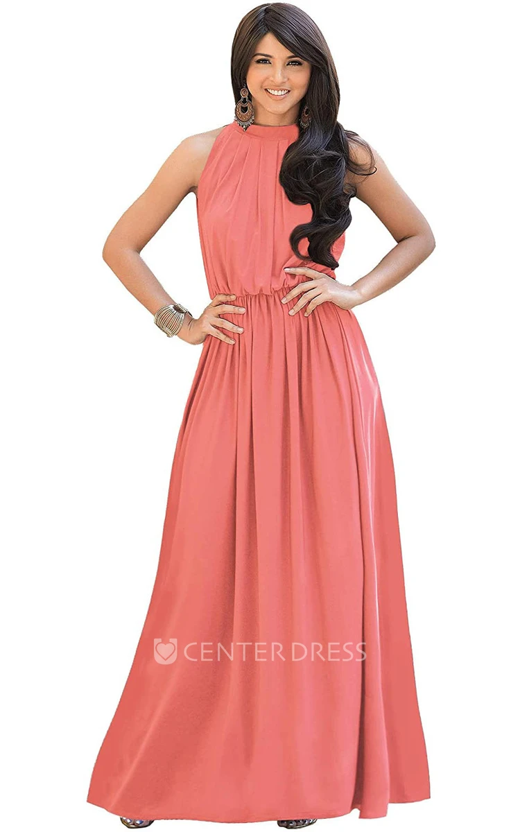 Sexy A Line Chiffon Halter High Neck Prom Dress With Ruching