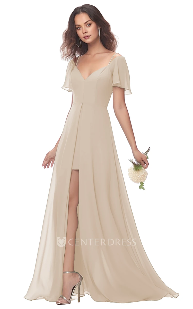 A-Line Chiffon V-neck Split Bridesmaid Dress Modest & Unique