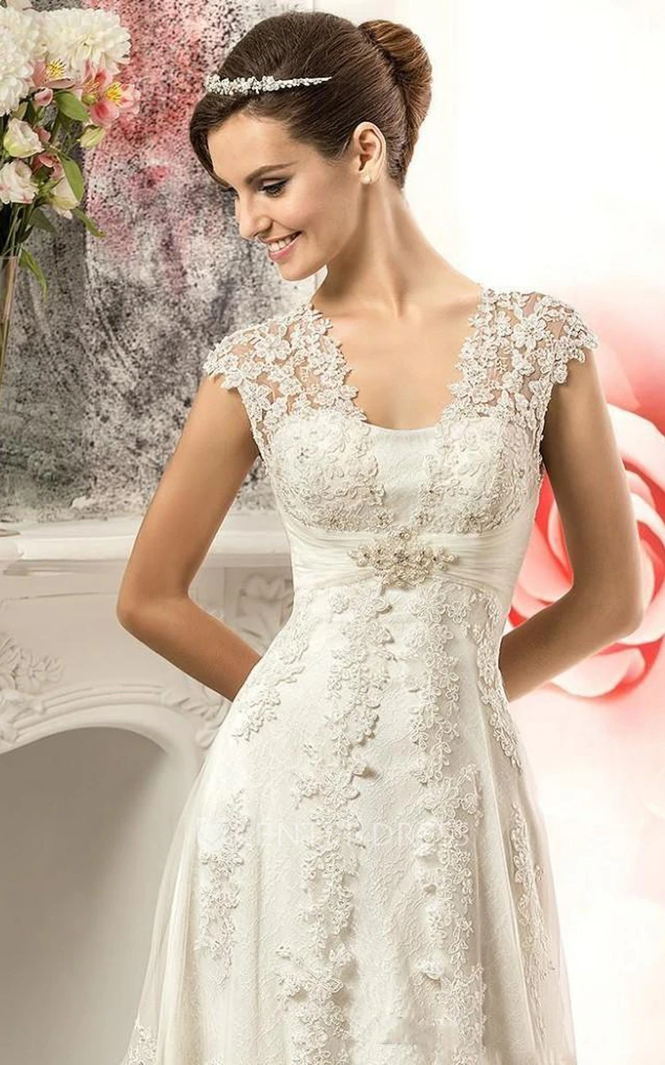 Floral Appliques Wedding Dress Lace Cup Sleeve A Line Beaded Boho