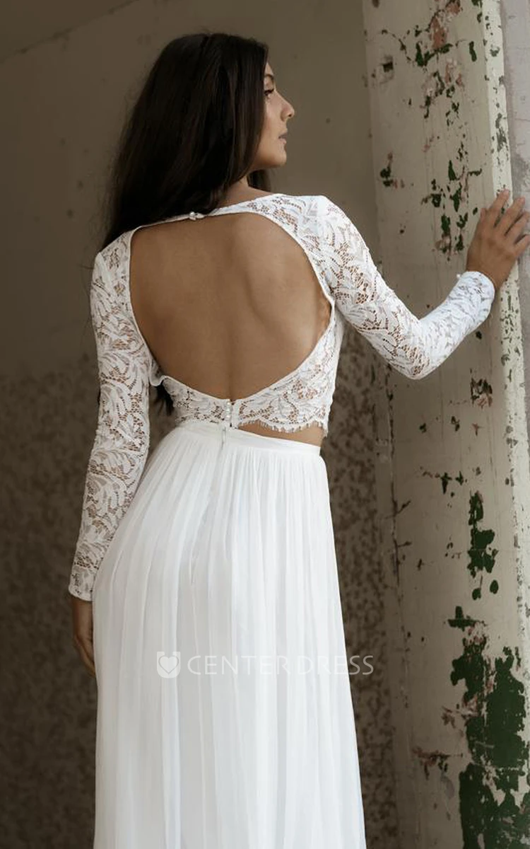 Chic Two Piece Bateau Chiffon Lace Long Sleeve Wedding Dress with Keyhole Back and Split Front