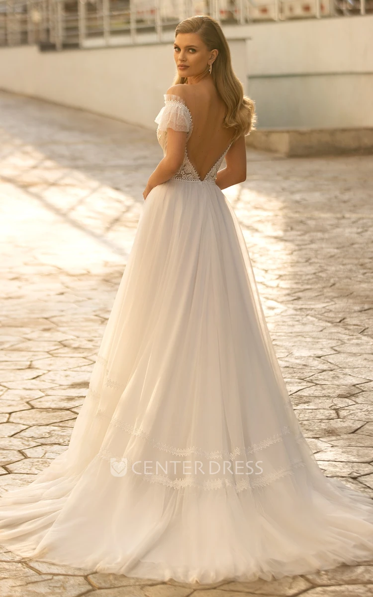 Romantic V-neck A Line Lace Court Train Wedding Dress with Appliques