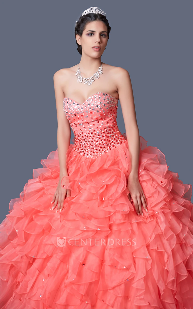 Sweetheart Organza Quincenera Gown With Ruffles and Beading