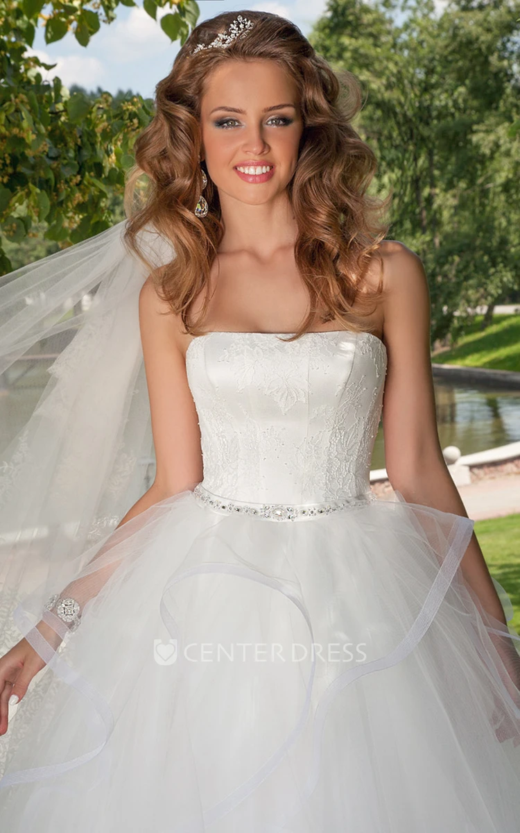 Long Strapless Appliqued Draped Tulle Wedding Dress