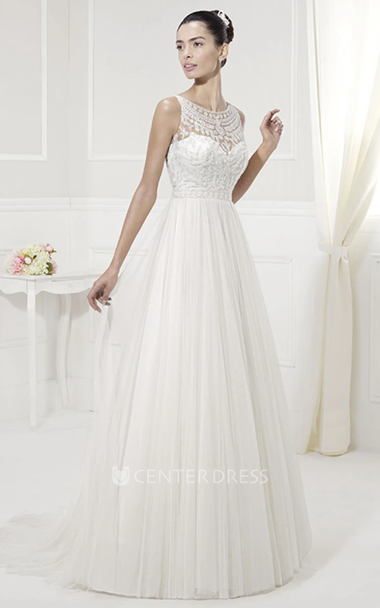 Jewel Neckline Appliqued Top Tulle Pleated Bridal Gown