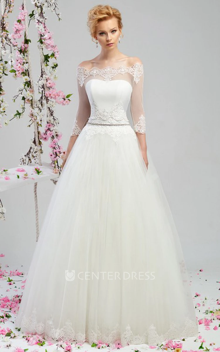 A-Line Long Appliqued Strapless Sleeveless Satin&Tulle Wedding Dress With Waist Jewellery And Cape