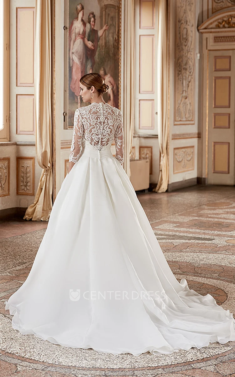 Ball Gown V-Neck 3-4-Sleeve Organza Wedding Dress With Illusion