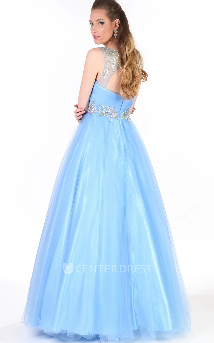 A-Line Scoop-Neck Beaded Sleeveless Floor-Length Tulle&Satin Prom Dress With Pleats