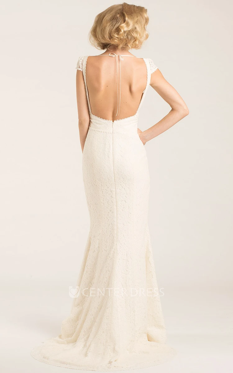 V-Neck Long Cap-Sleeve Lace Wedding Dress With Sweep Train And Backless