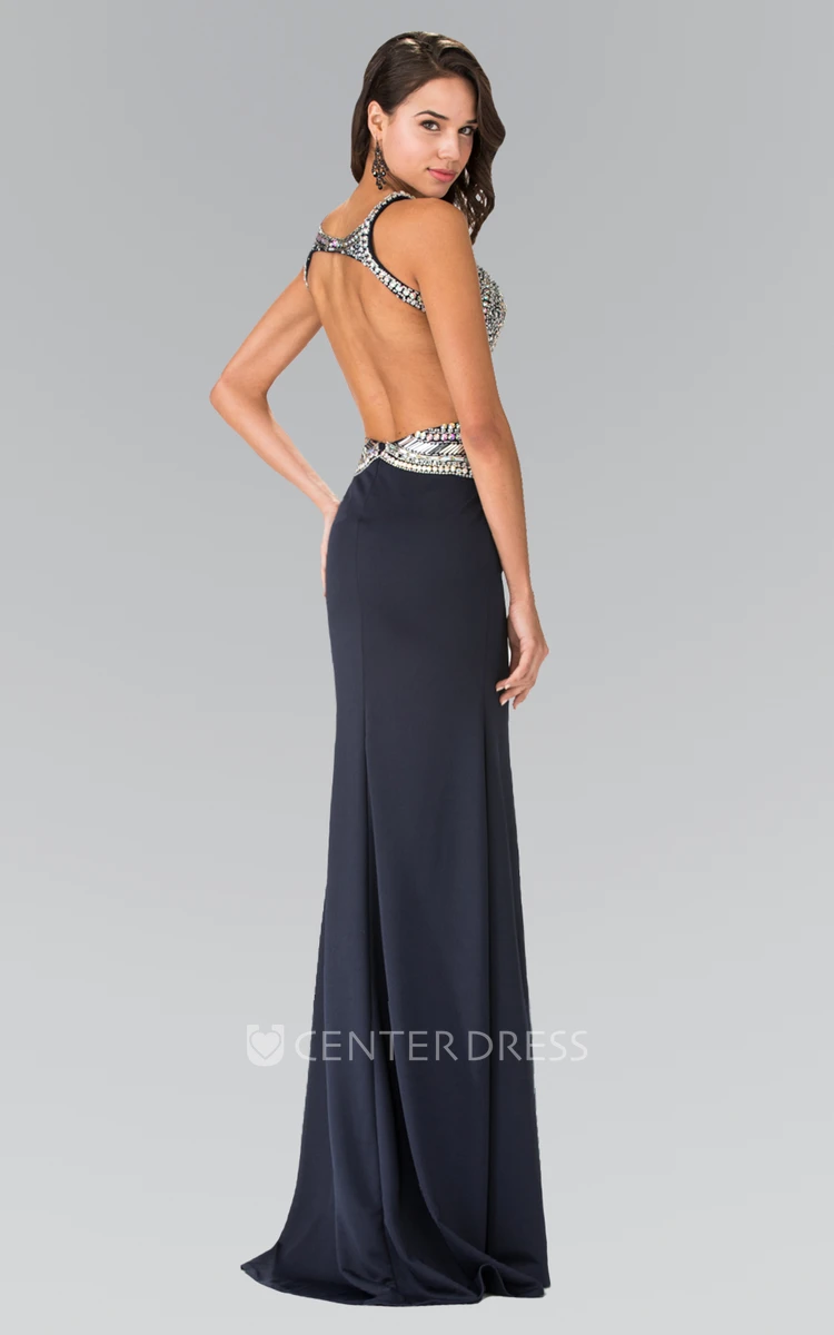Sheath Jewel-Neck Sleeveless Jersey Backless Dress With Beading And Sequins