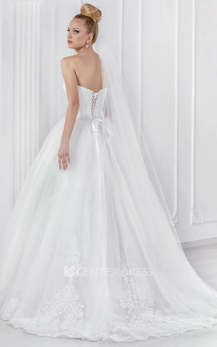 Ball Gown Long Strapless Tulle Wedding Dress With Appliques And Corset Back