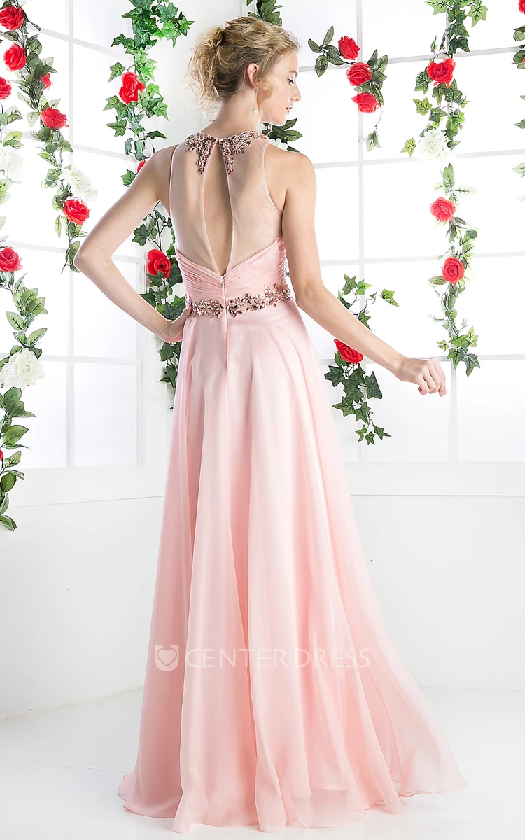 A-Line Jewel-Neck Sleeveless Chiffon Illusion Dress With Ruching And Beading