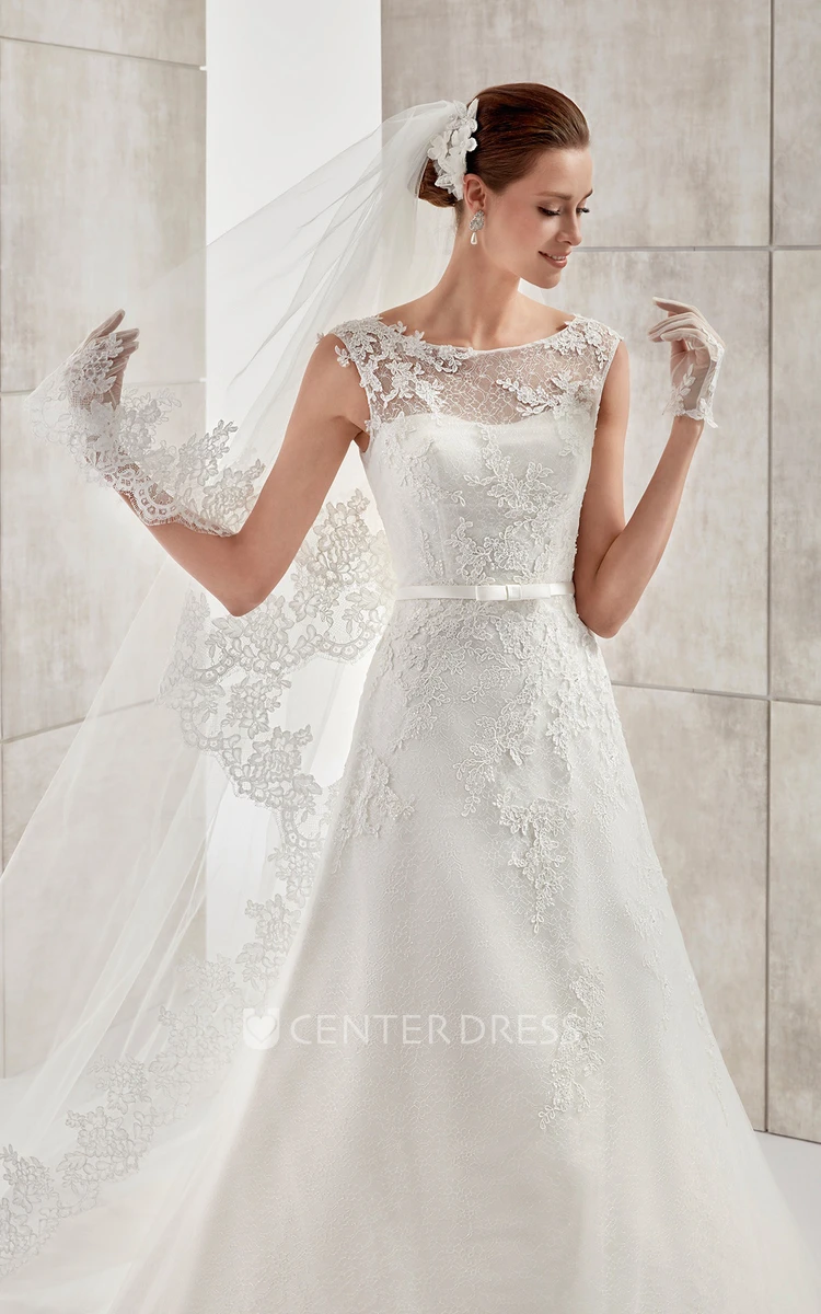 Jewel-neck Cap-sleeve A-line Wedding Dress with Lace Appliques and Illusive Design