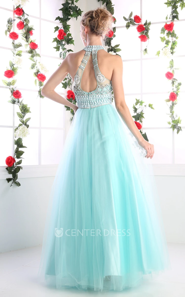 Ball Gown Maxi High Neck Sleeveless Tulle Satin Dress With Beading