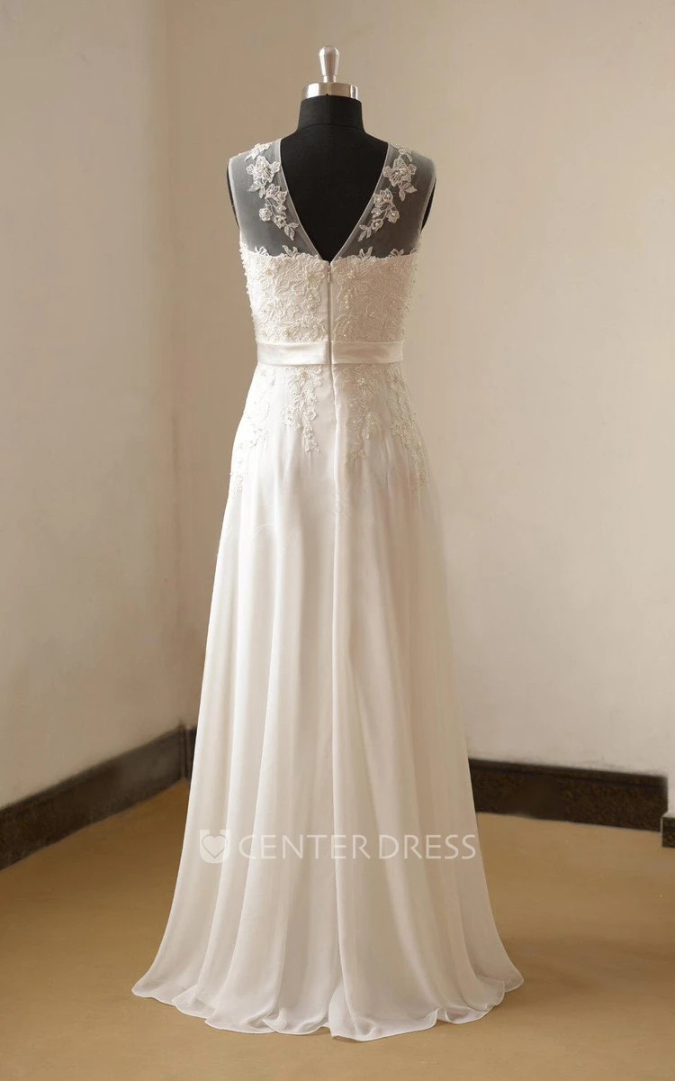 Jewel Neck Chiffon and Lace Bridal Gown With Pearls and Pleats
