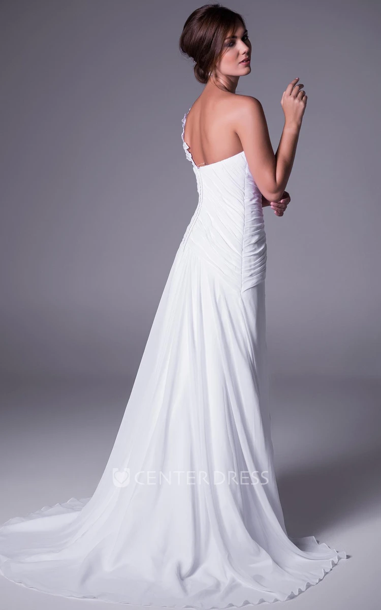One-Shoulder Floor-Length Ruched Chiffon Wedding Dress With Brush Train