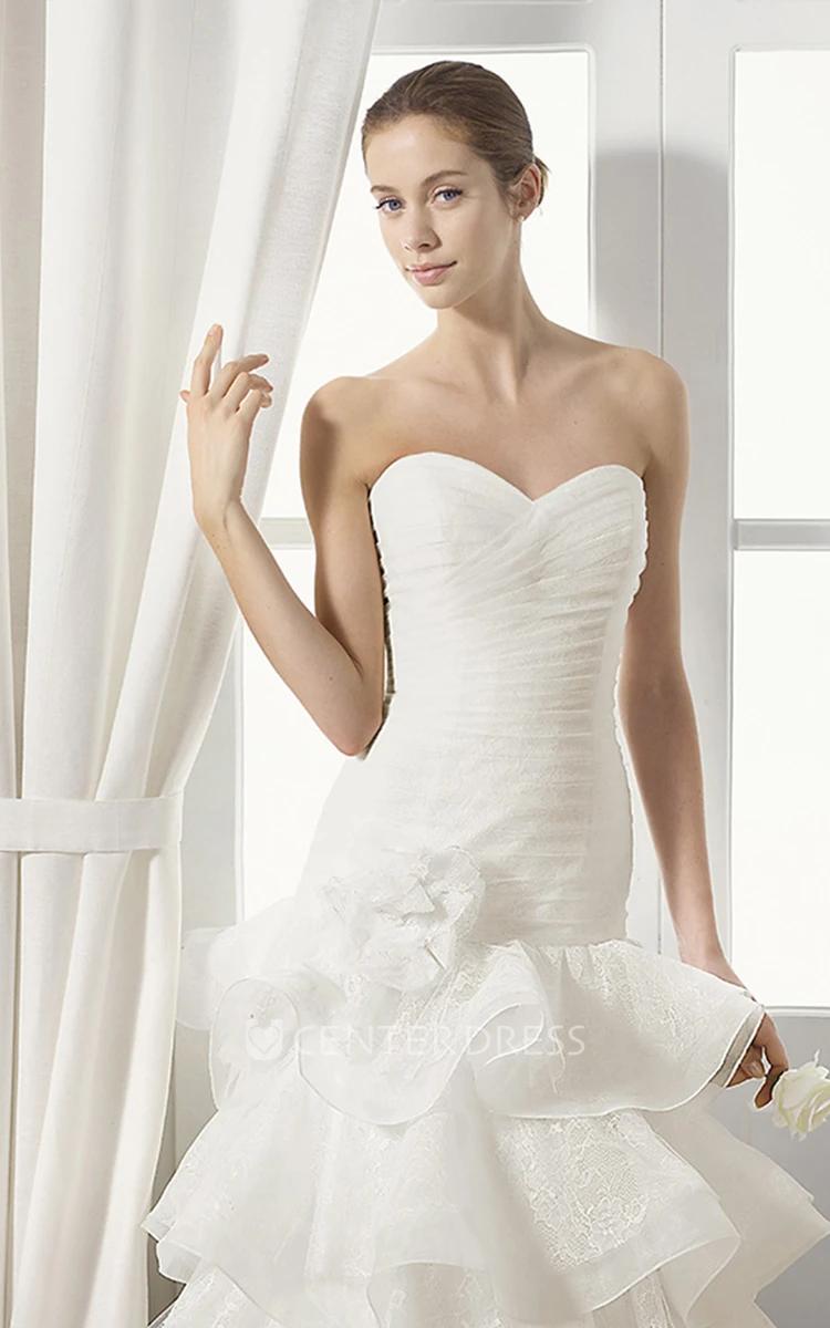 A-Line Tiered Sweetheart Organza Wedding Dress With Criss Cross And Flower