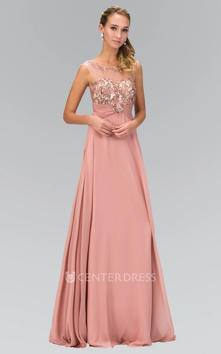 A-Line Long Scoop-Neck Cap-Sleeve Jersey Dress With Sequins And Beading