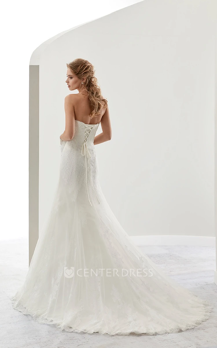 Sweetheart Beaded Flower Lace Bridal Gown with Brush Train and Lace-up back