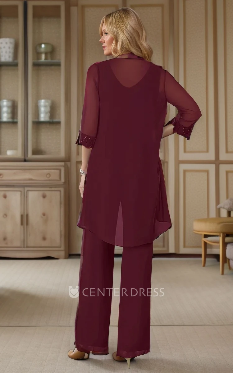Elegant Floor-Length Chiffon MOB Dress Tripartite Pantsuit Lace Appliques