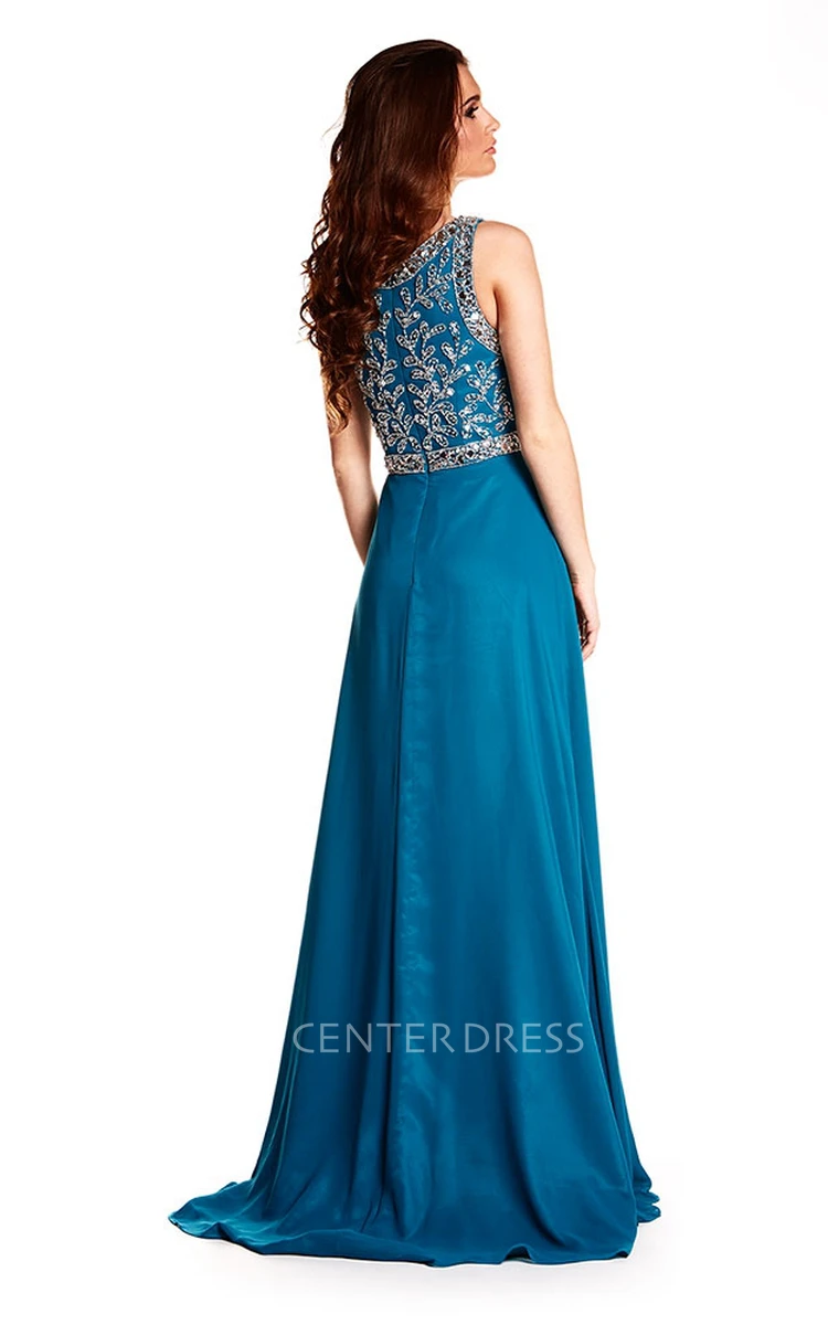 A-Line Sleeveless Beaded Scoop Long Chiffon Prom Dress With Zipper Back And Brush Train