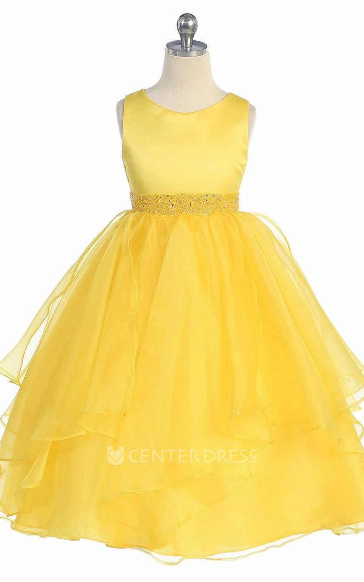 Tea-Length Beaded Tiered Sequins&Organza Flower Girl Dress With Sash