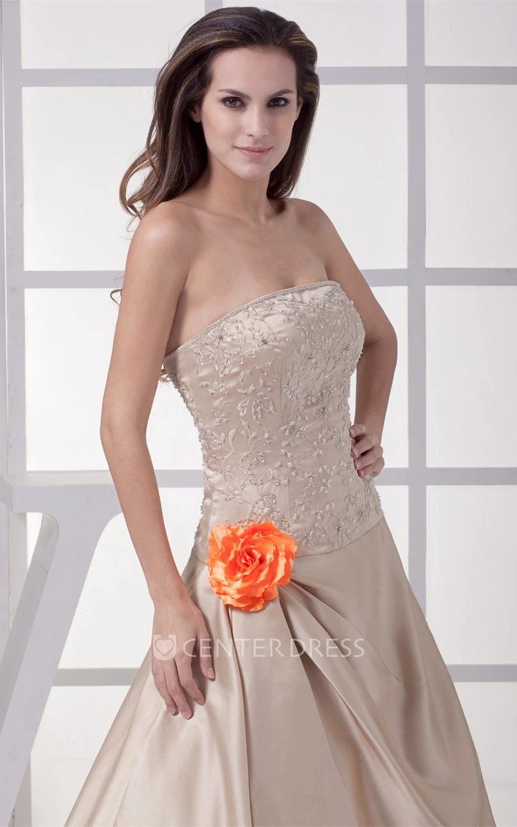 Strapless Side Draping A-Line Satin Evening Gown with Flower and Beading