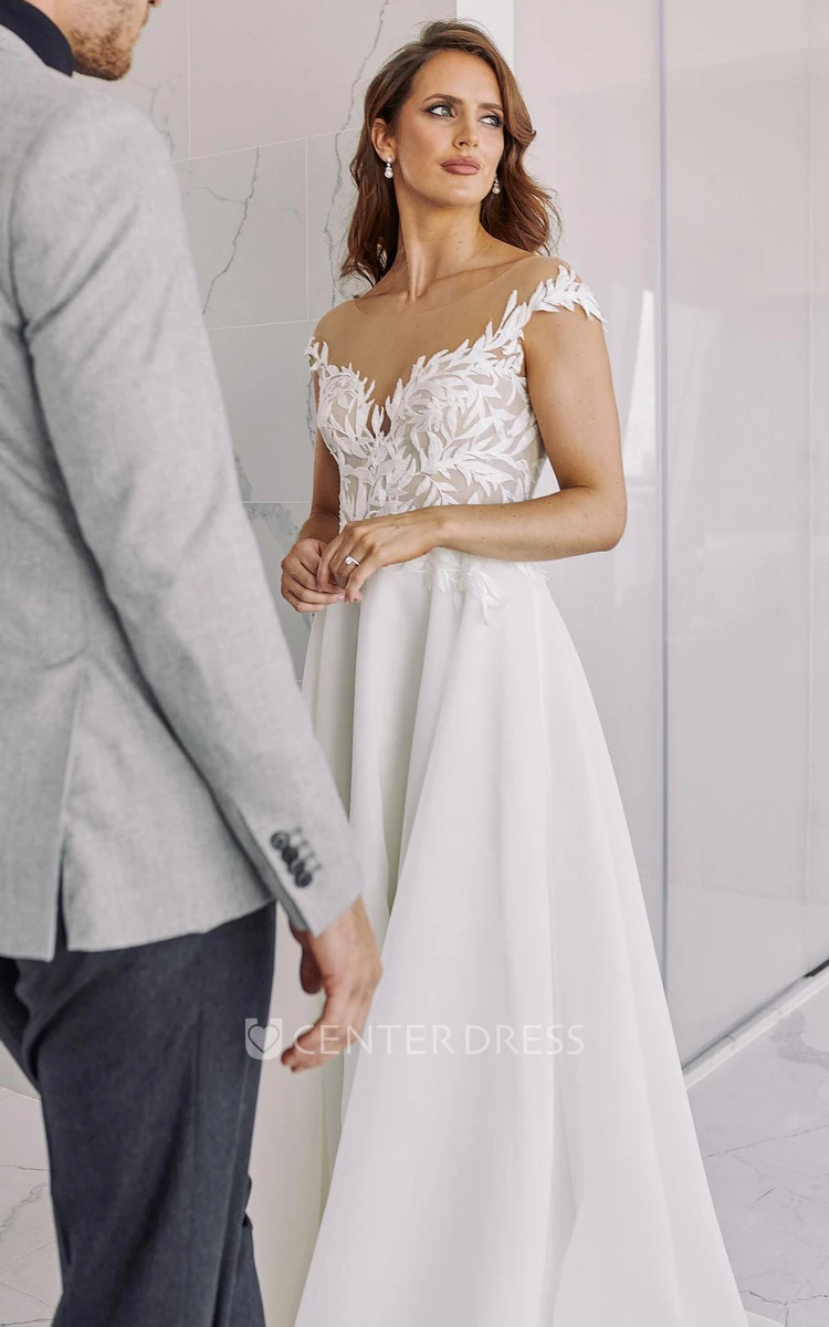 Chiffon A-Line Wedding Dress Bateau Neckline Short Sleeves Appliques Simple Country