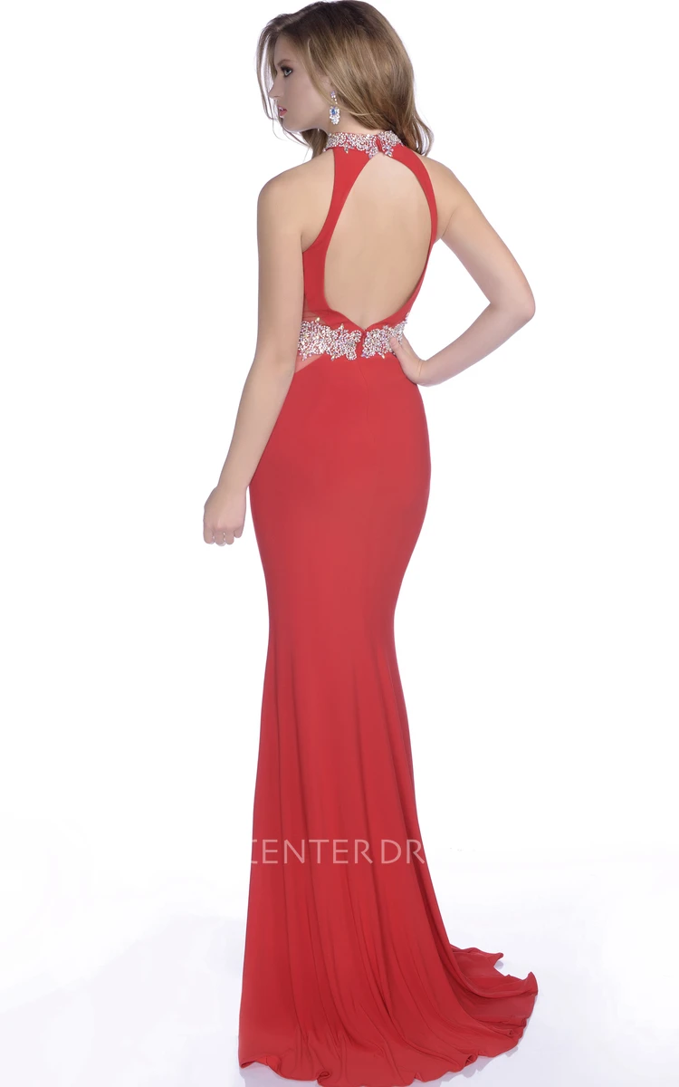 Sophisticated Mermaid Keyhole Back Mermaid Jersey Gown With Bling Waistband And Halter