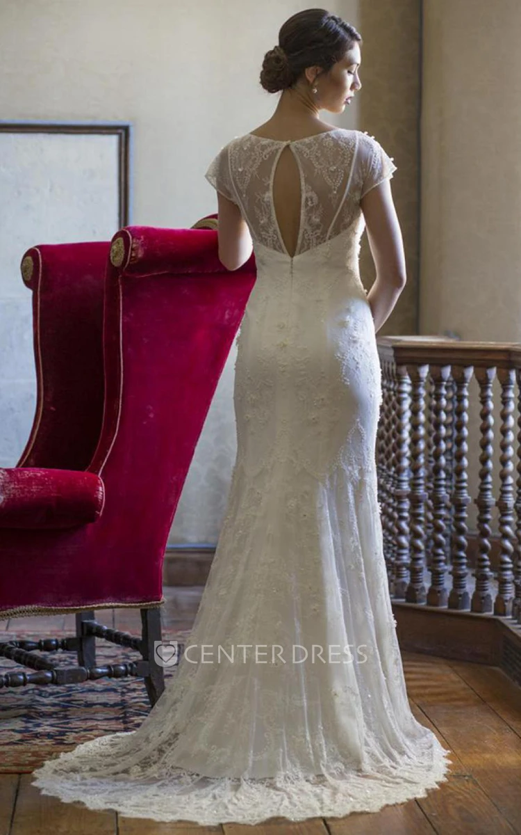 Sheath V-Neck Floor-Length Cap-Sleeve Lace Wedding Dress With Appliques And Keyhole