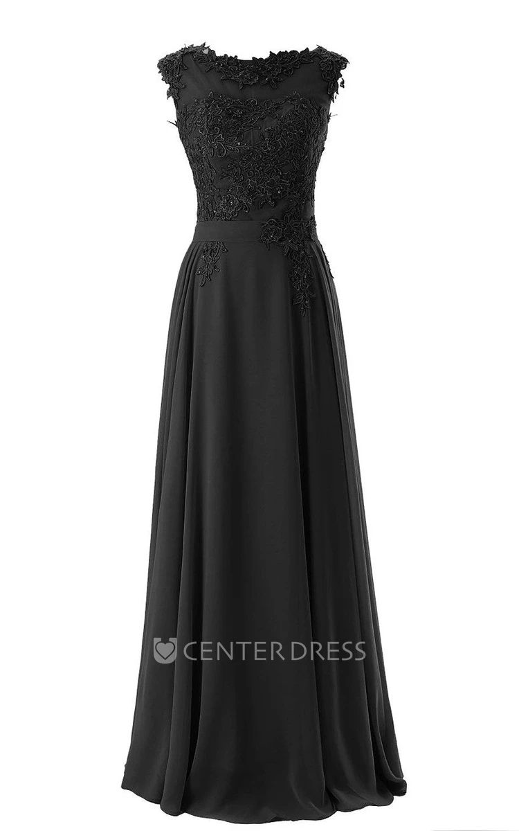Cap-sleeved Long Chiffon Gown With Lace Bodice