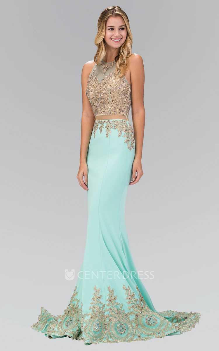 Two-Piece Sheath Long Scoop-Neck Sleeveless Jersey Illusion Dress With Beading And Appliques