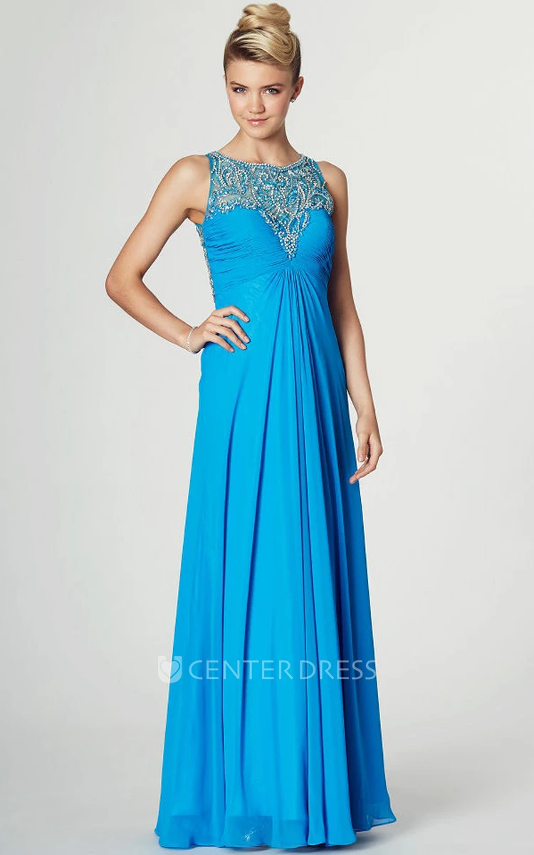 Ruched Sleeveless Scoop Neck Chiffon Prom Dress With Pleats And Beading