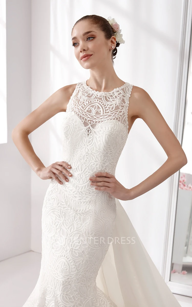 Jewel-Neck Mermaid Lace Wedding Dress With Sheath Style And Detachable Back Bow Train