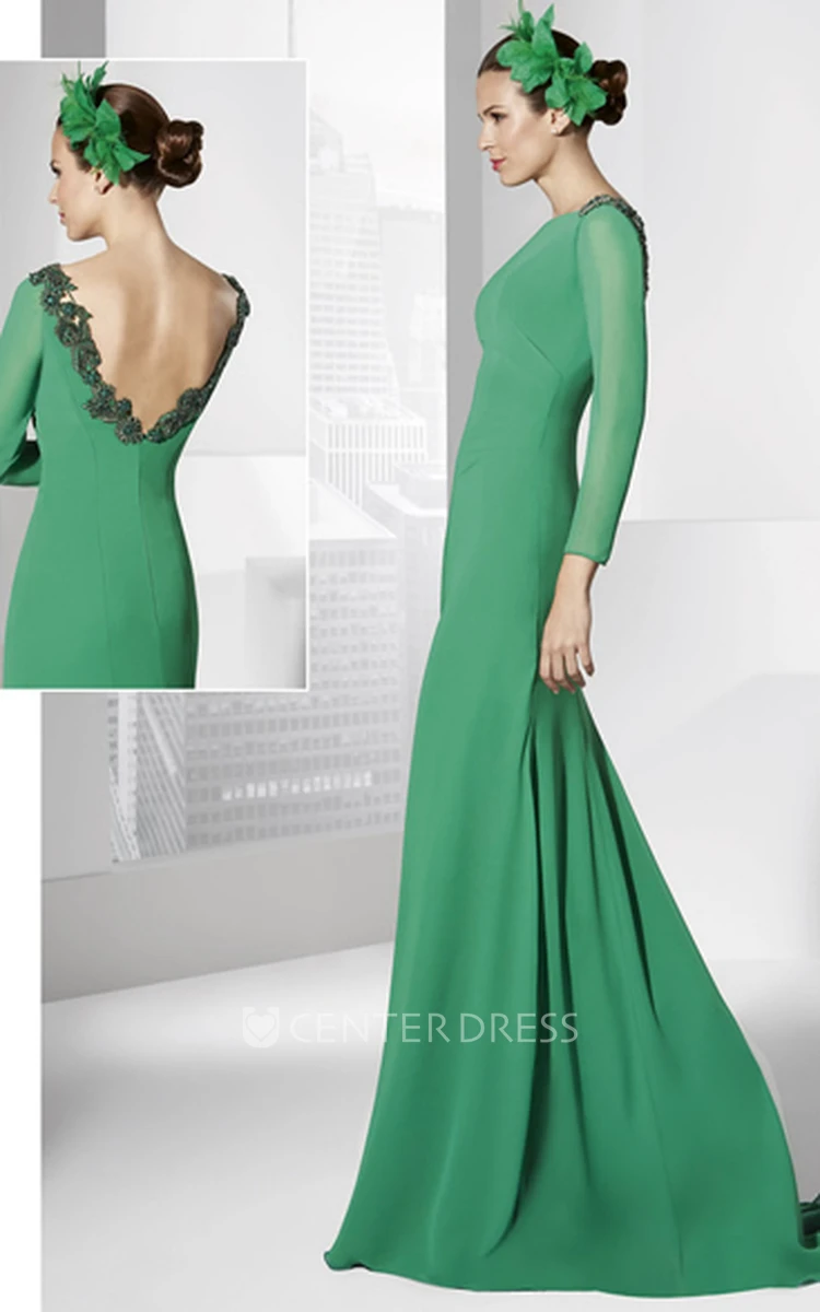 Long Appliqued Long-Sleeve Jewel-Neck Jersey Prom Dress
