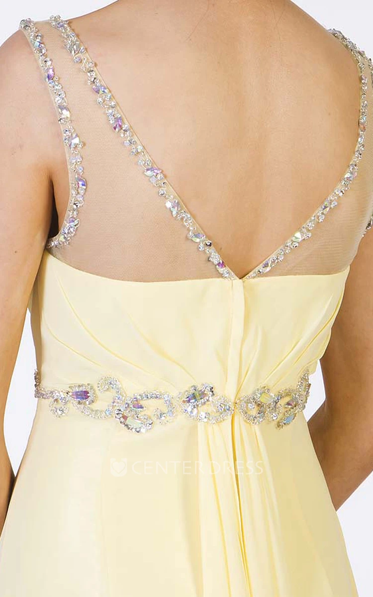 A-Line Scoop-Neck Floor-Length Sleeveless Beaded Chiffon Prom Dress With Waist Jewellery