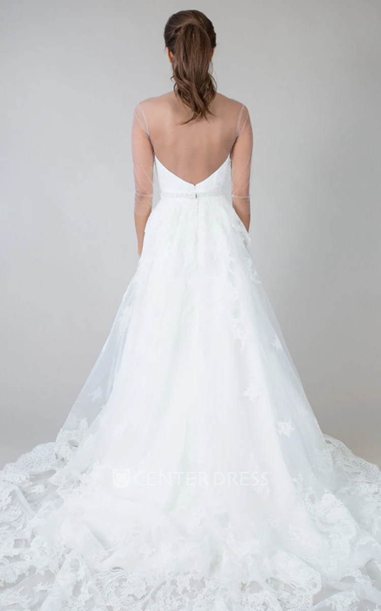 Sleeveless Maxi Scoop-Neck Appliqued Lace Wedding Dress With Waist Jewellery And Illusion