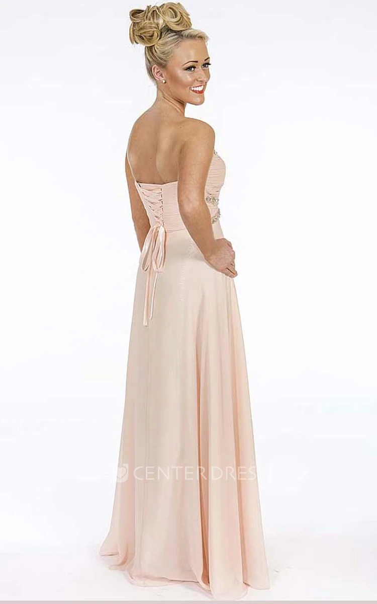 A-Line Empire Sleeveless Floor-Length Sweetheart Beaded Chiffon Prom Dress With Lace-Up Back And Criss Cross