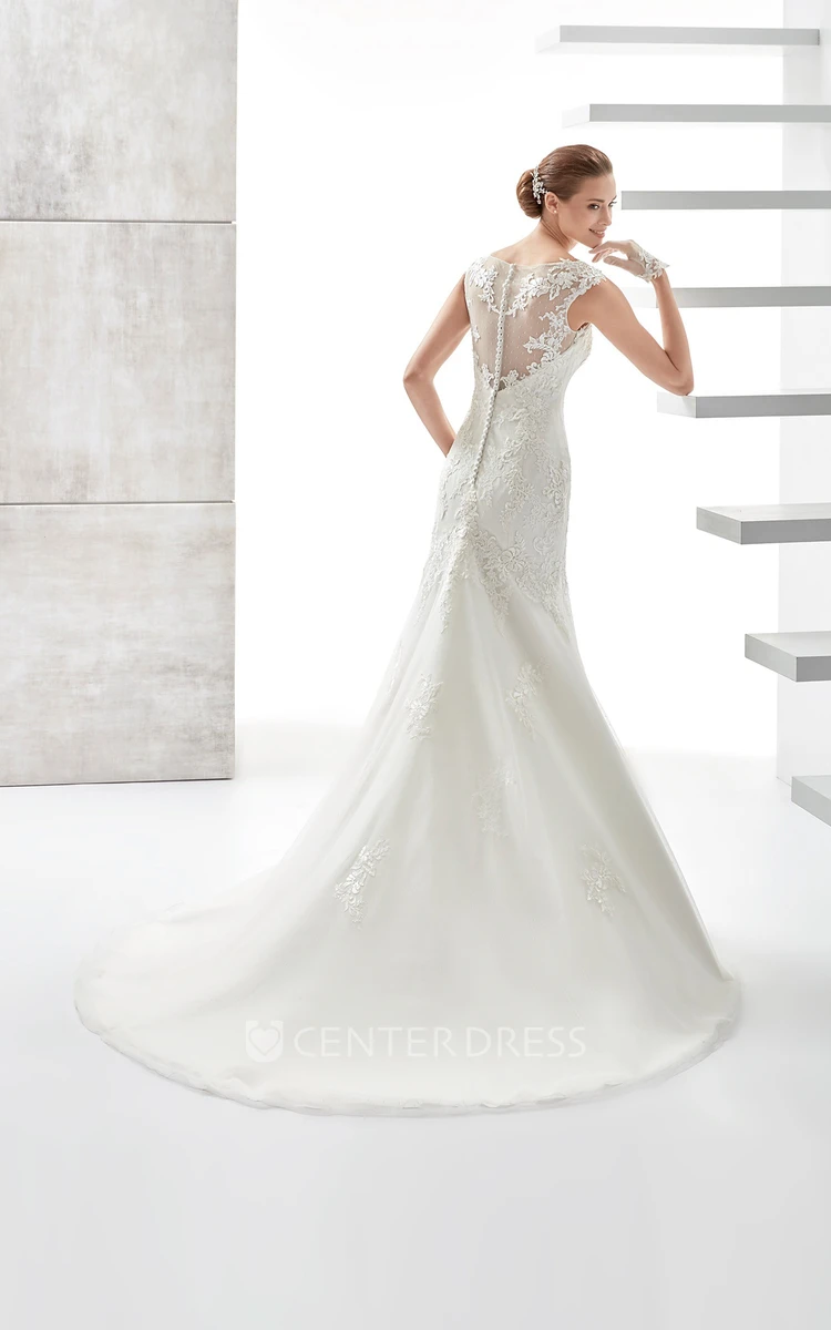 Jewel-Neck Cap-Sleeve Mermaid Wedding Dress With Illusive Design And Appliques