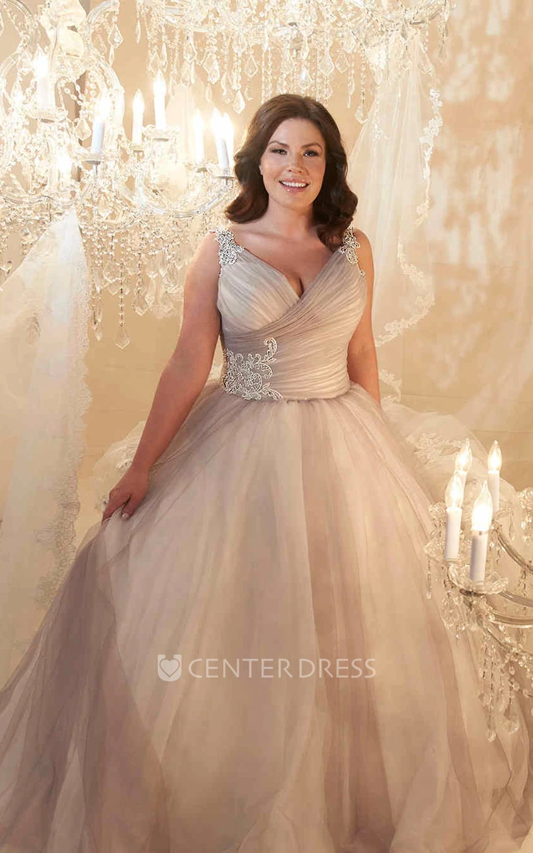 Ball Gown V-Neck Beaded Sleeveless Tulle Plus Size Wedding Dress With Criss Cross And Lace Up
