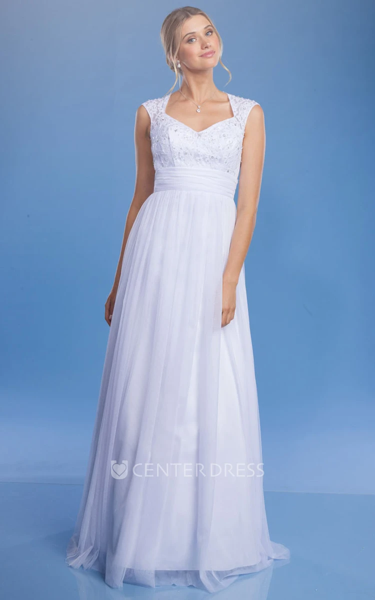 A-Line Floor-Length Appliqued V-Neck Cap-Sleeve Tulle&Satin Wedding Dress