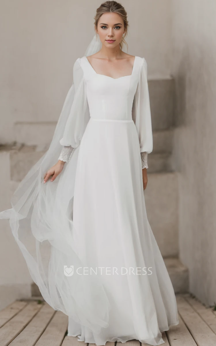 Casual Romantic Elegant A-Line Long Sleeve Satin Wedding Dress with Floor Length and Button Zipper Back