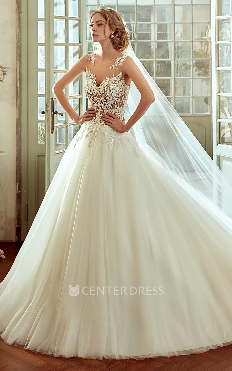 Jewel-Neck A-Line Gown With Illusive Bodice And Multi-Layer Tulle Skirt