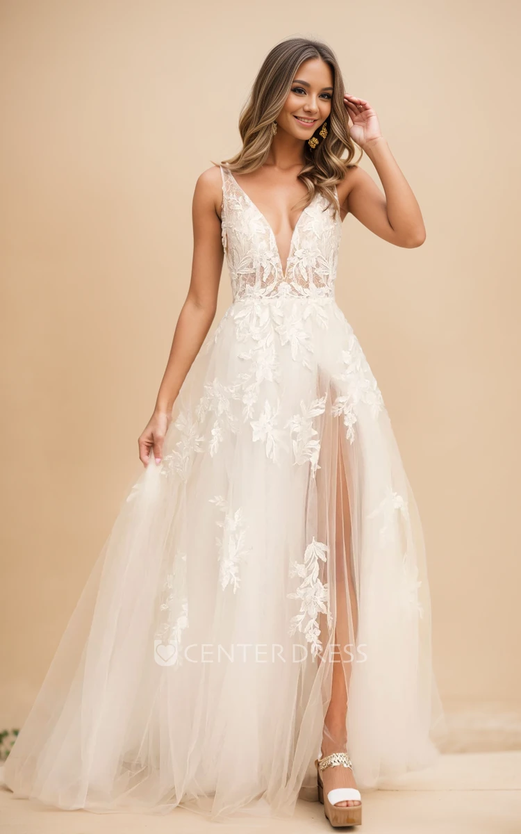 Flowy Princess A-Line Boho Lace Side Slit Wedding Dress Fantasy Sexy Deep-V Back Plunging Neckline Bridal Gown with Court Train