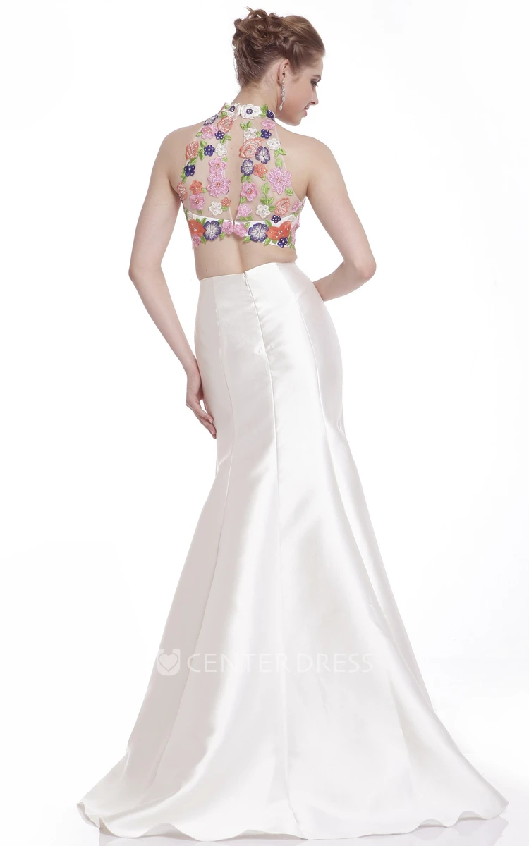 Trumpet High Neck Sleeveless Satin Illusion Dress With Appliques